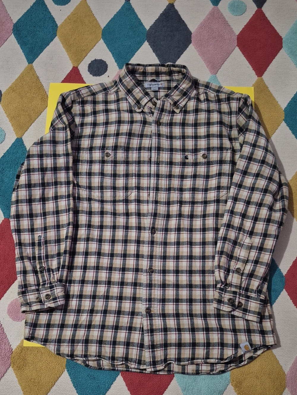 Carhartt Tan and Navy Plaid Long-Sleeve Button-Down Shirt